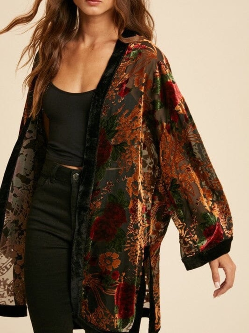 In Loom Floral Burnout Velvet Kimono Size S/M Boho Whimsical Dark Romantic